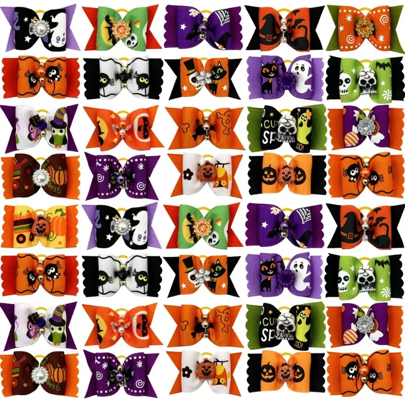 50/100pcs Puppy Hair Accessories Halloween Decorate Pet Dog Hair Bows Dog Bows with Rubber Bands Festival for Small Dog