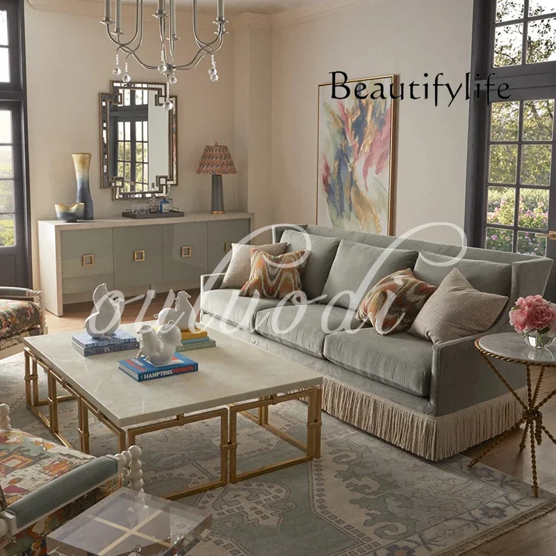 AS French Simple Fabric Fringed Sofa Villa Small Apartment Solid Wood Sofa American Living Room Three-person Straight Sofa