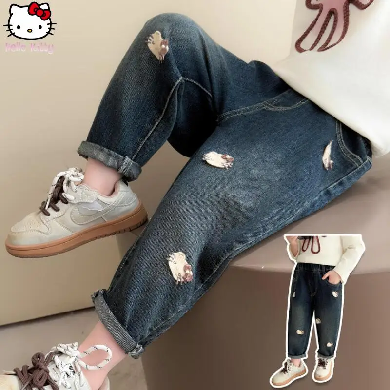 

Брюки для девочек в стиле аниме «Hello Kitty», осенние кавайные джинсы Sanrio, детские новые модные прямые брюки, мягкие широкие брюки с вышивкой