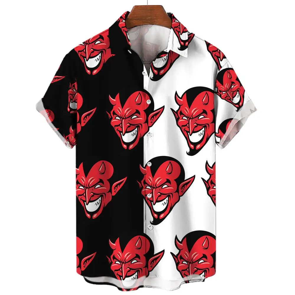 Devil Pattern Men\'s Shirts Oversized Shirt Loose Causal Double Patchwork Red Imp Party Festival Camisas Original