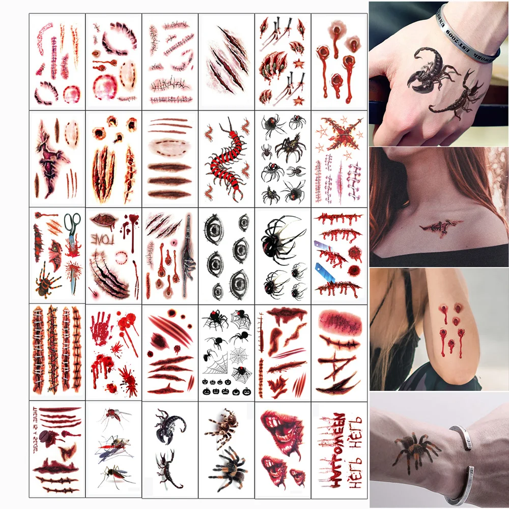 

30Pcs Temporary Tattoo Stickers for Halloween Fake Scars for Face Makeup Bleeding Wound, Horrifying Fake Tattoo for Festival