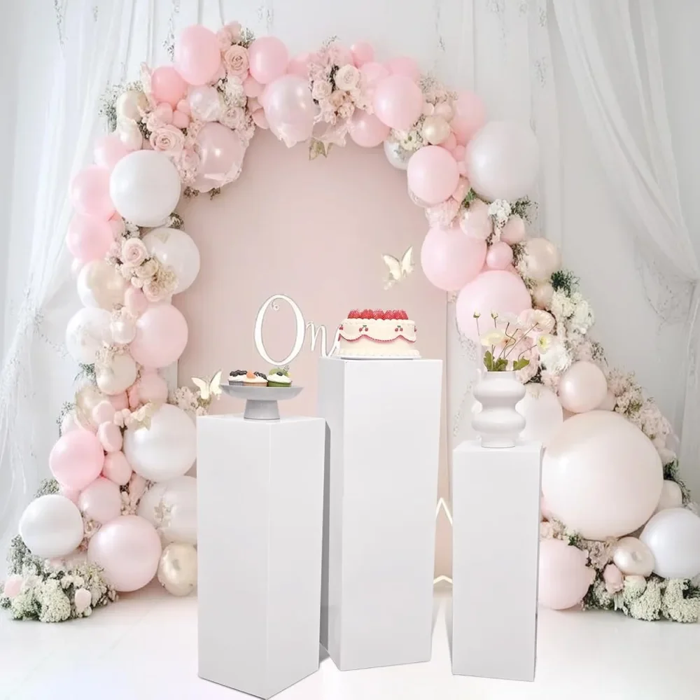 

3pcs metal white display pedestal stand for parties, square tall pedestal cake stands pillars for wedding, sculpture display st