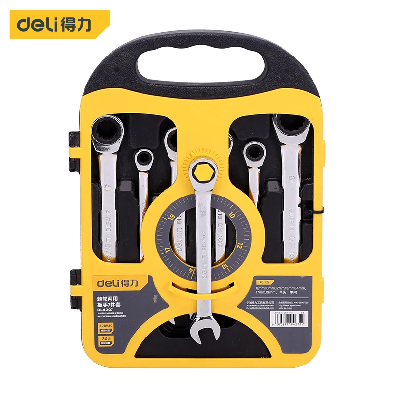 Deli 7 Pcs Universal Ratchet Wrench Set Dual-purpose Ratchet Spanner Wrench Multifunctional Car Repair Hand Tools