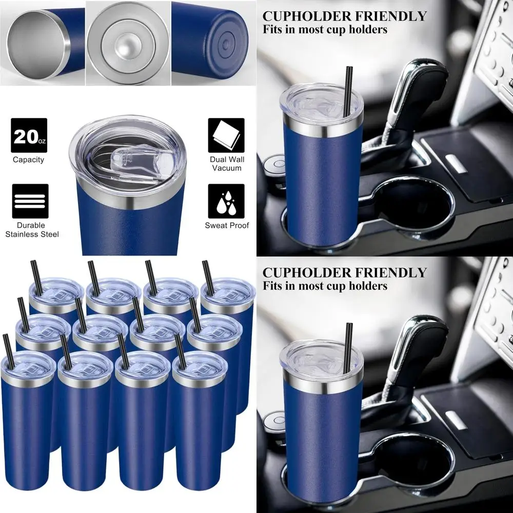 Vasos flacos con aislamiento al vacío de acero inoxidable de 12 unidades, tazas de viaje de 20 oz con tapas y pajitas, azul