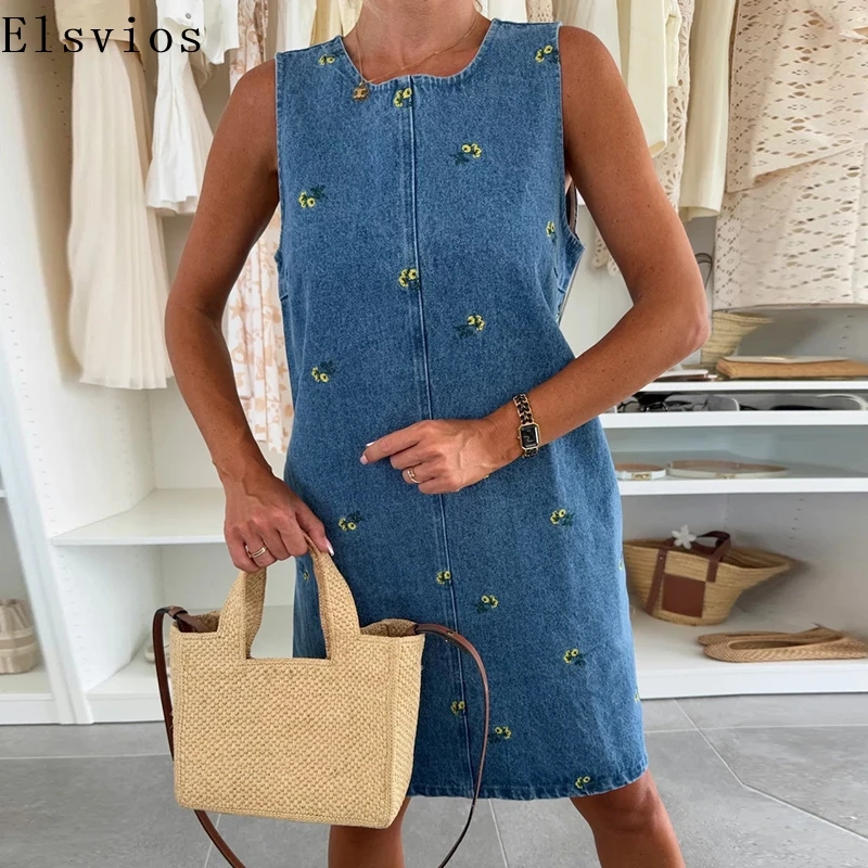 

Casual Sleeveless Hollow Pullover Dress Women Elegant Pocket Loose Short Dresses Summer Fashion O-neck Floral Print Denim Dress