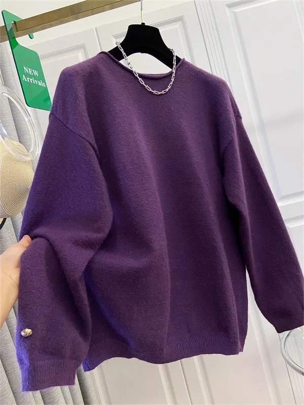 

Ele Purple Long Sve Knitted Sweater Women's plus Size Thiened Anti-Aging Base irt Top for Autumn Winter Commute