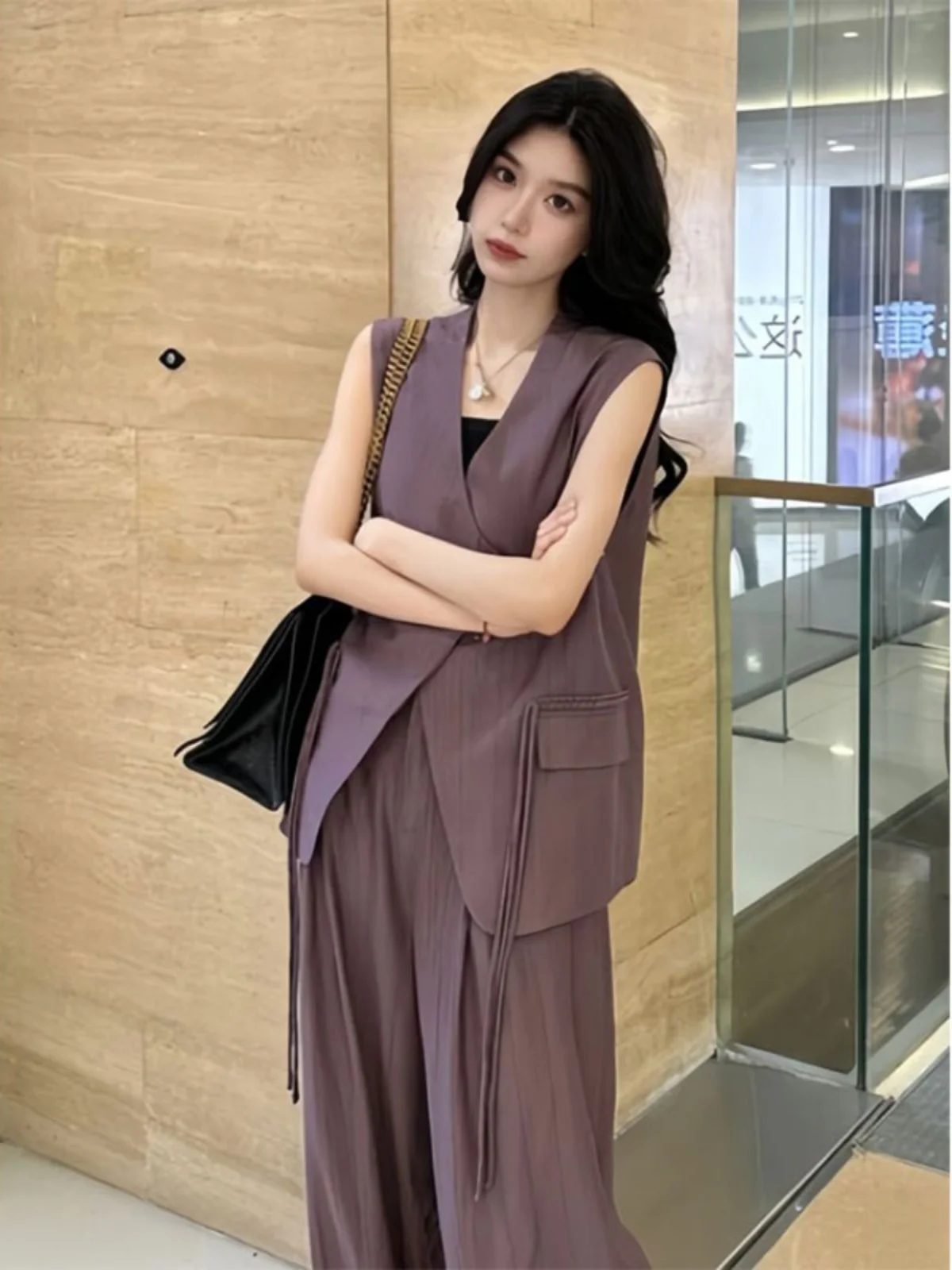 Summer Fashion Women's V-neck Sleeveless Suit Top High Waist Wide Leg Pants Two-piece Set Elegant Quality Polyester Fiber