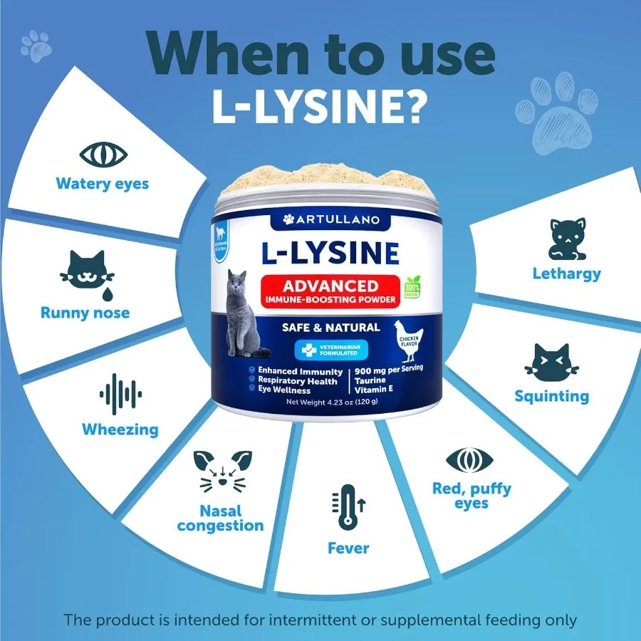 L Lysine للقطط ملحق مسحوق Lysine 900 ملغ يقدم دعم المناعة للقطط والقطط والعطس والأنف المائي والعيون المائية