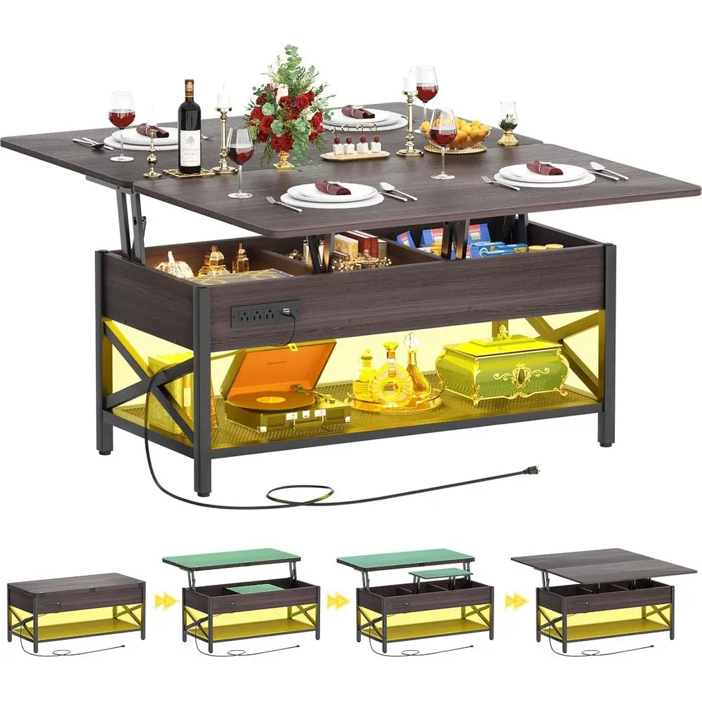 Coffee Table Lift Top Multi-Function Converts to Dining Table, with LED Light and Power Outlet, Center Table with Shelves for Li