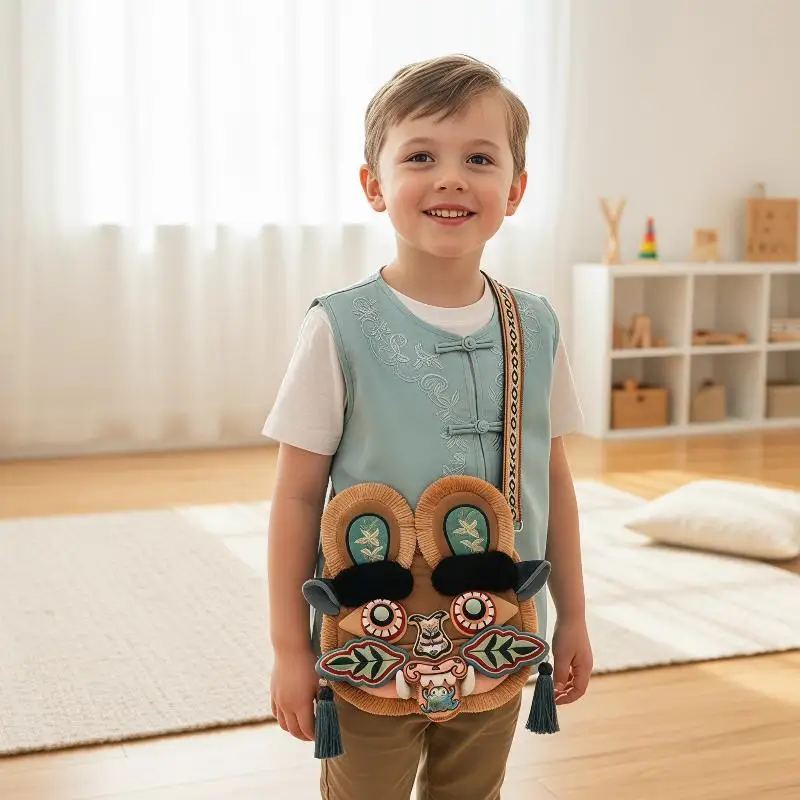 Chinese Style Tiger Head Crossbody Bag Embroidered Shoulder Bag Vintage Ethnic Mini Purse For Kids Daily Outdoor Travel Gift
