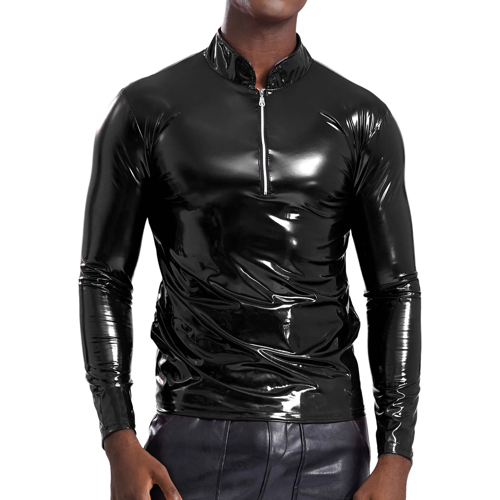 Mens Metallic Shiny Latex Coat for Male Clubwear Glossy PU Leather Latex Shirt Tops Mock Neck Long Sleeve Front Zipper Shirt