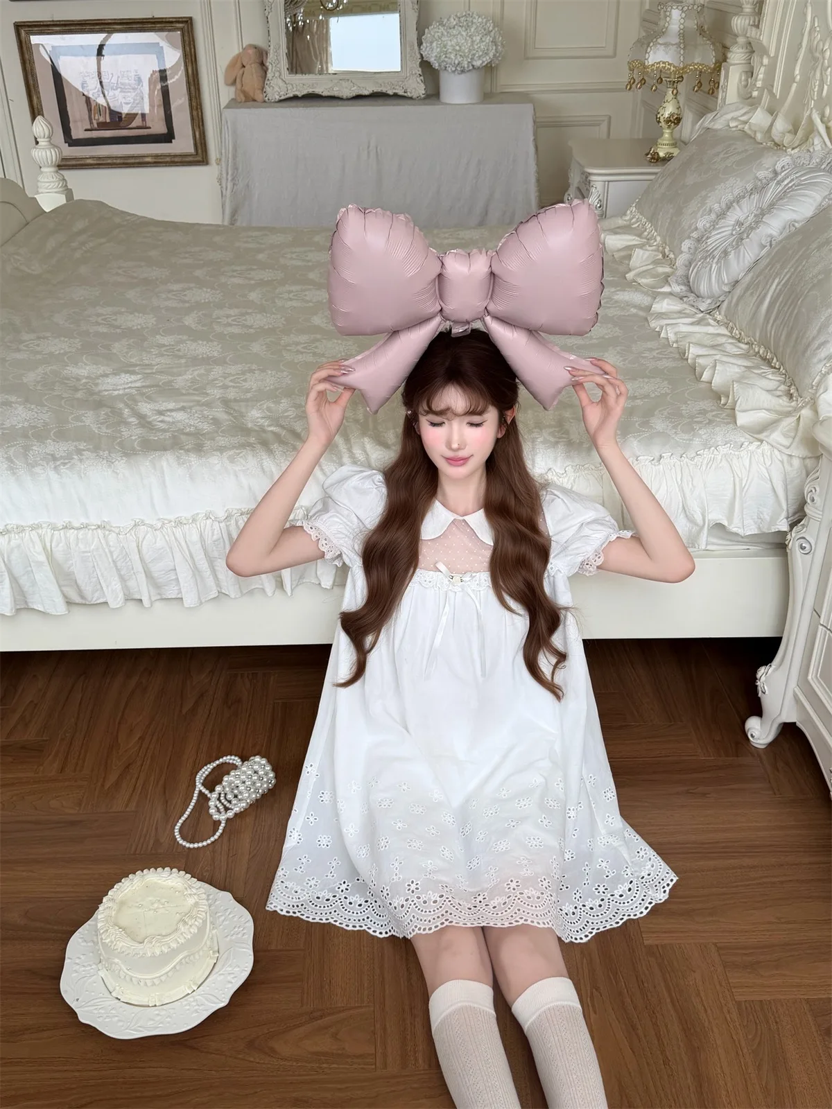 vestido-de-ballet-blanco-con-malla-bordado-floral-calado-estilo-vintage-manga-corta-dulce-cintura-alta-y-manga-abullonada