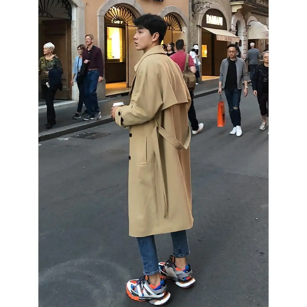 Men's Utility Style Long Overcoat Loose Fit Knee-Length Trendy British Style Cotton Spring Autumn Winter Fashion Outerwear