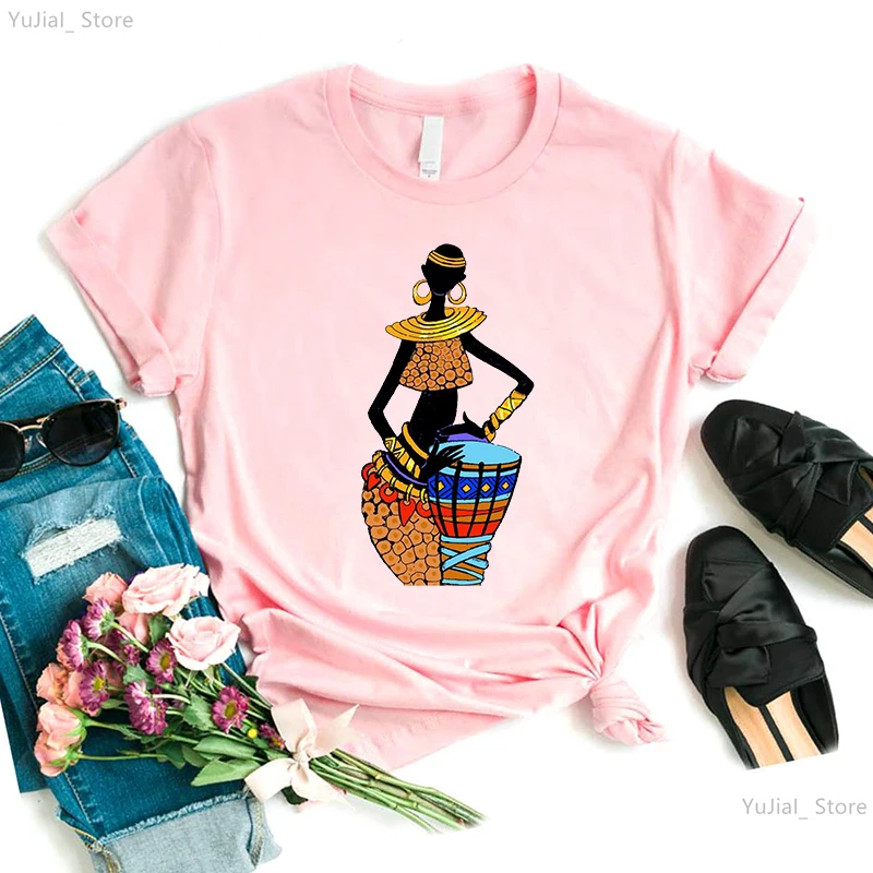 Vintage T Shirt Women Melanin Black Girls Magic Tshirt Femme Summer Fashion T-Shirt Female Pink/Gray/Yellow/Green/White Shirt
