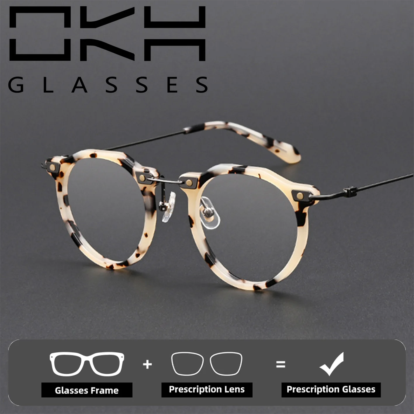 OKH Metal Temple Unisex Eyeglasses Retro Round Acetate Frame Tortoiseshell Print Prescription Optical Eyewear for Daily  Style