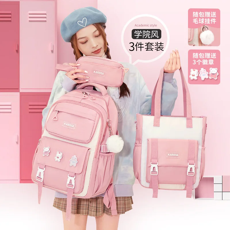 Grande Capacidade School Bag Set para Meninas Adolescentes, Mochilas Impermeáveis, Mochilas, Bolsas, Lápis, Mulheres Sacos de Viagem, Kawaii, 3 Pcs