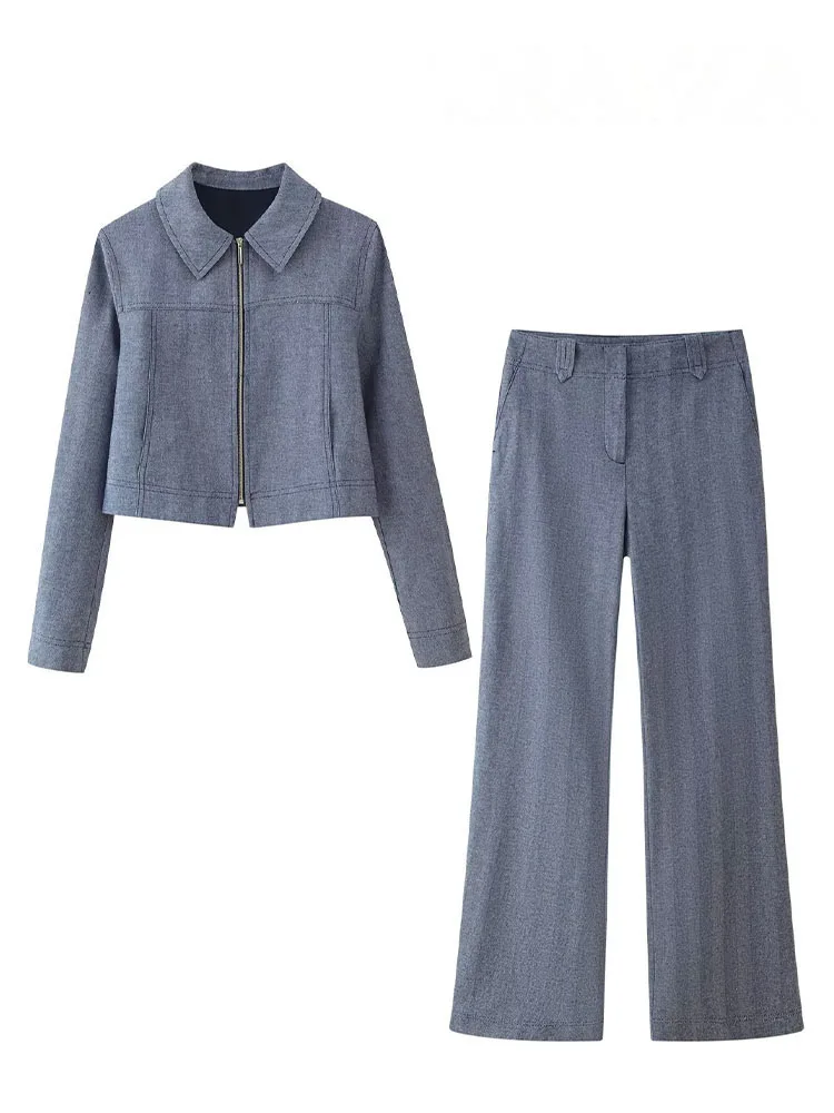 

HH женский комплект из 2 предметов, молния спереди, лацканы, длинные рукава, тонкая осенняя короткая куртка + повседневные брюки с высокой талией и боковым карманом