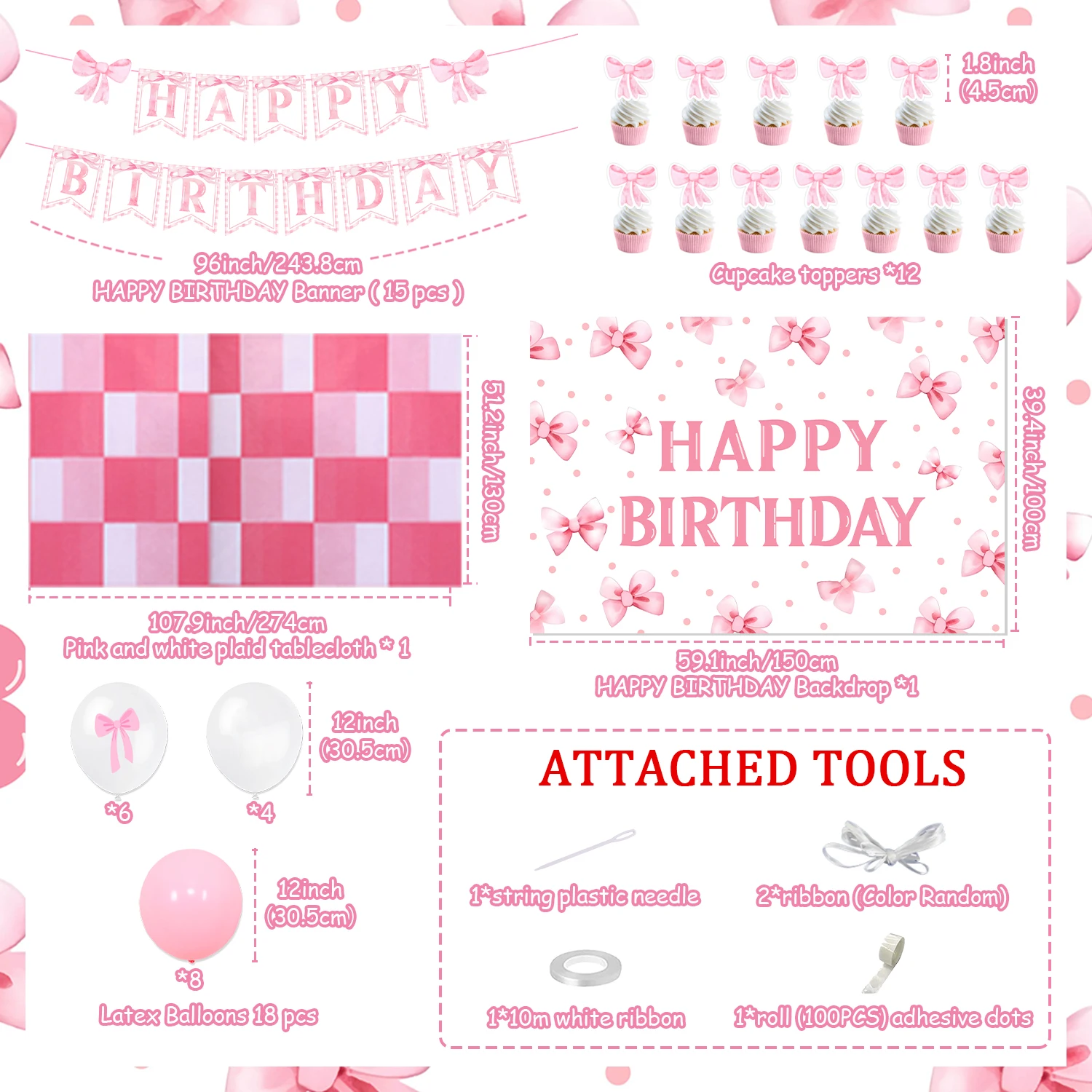 Kreat4joy 48Pcs Pink Bow Party Decorations for Girls Happy Birthday Banner Plaid Tablecloth Foil Balloon Princess Birthday Party