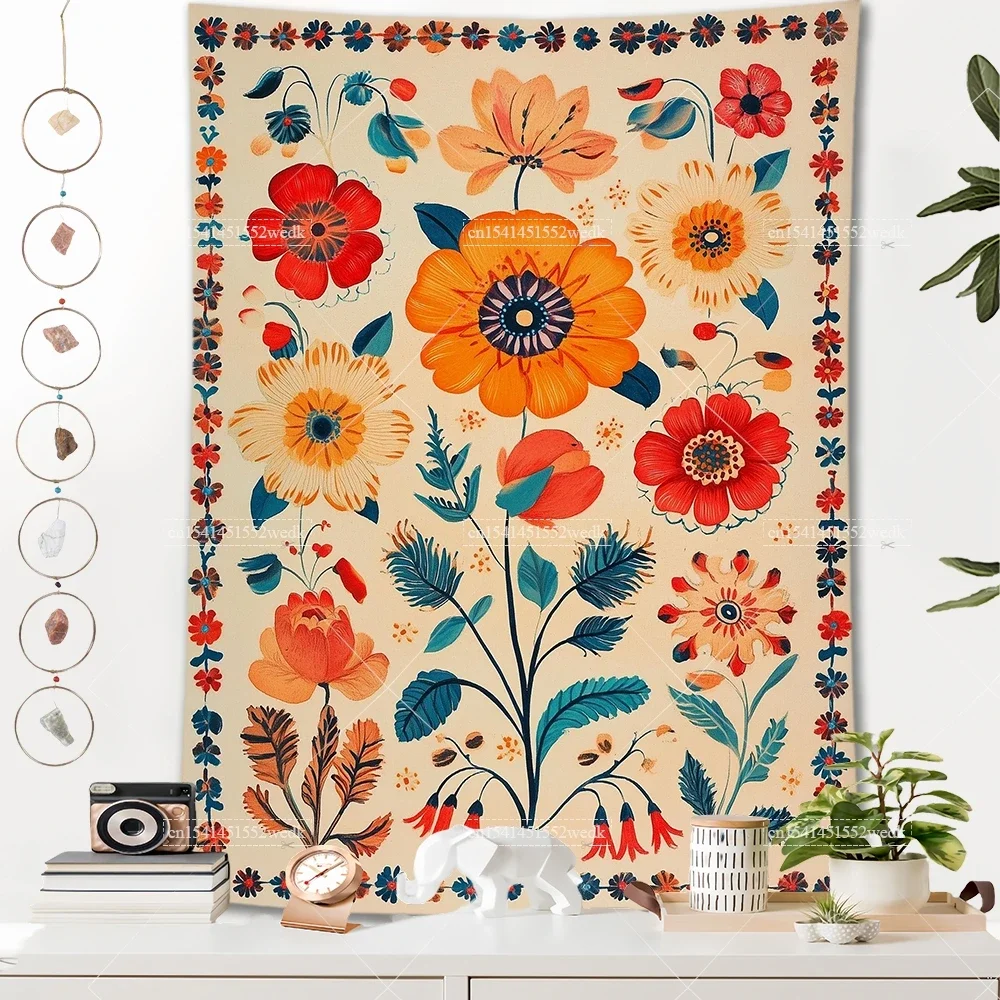 Boho Vintage Mexican Flowers Tapestry Folk Florals Wall Hanging Tapestrys Living Room Decor Aesthetic College Dorm Wallpapers
