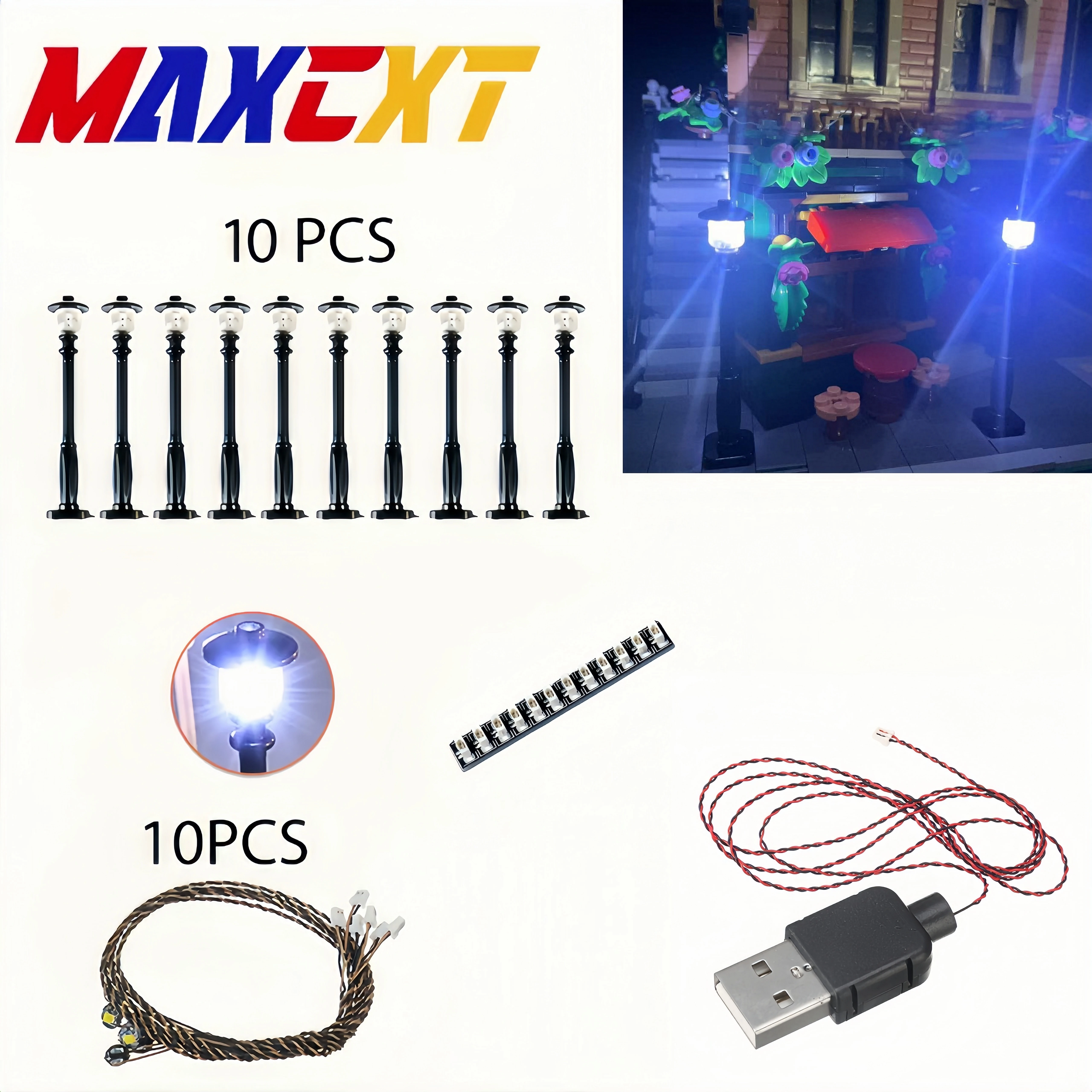 10 قطعة ضوء شارع المدينة Led مصباح مكعبات البناء MOC متوافق مع الطوب مدعوم كابل USB (باستثناء البطارية)