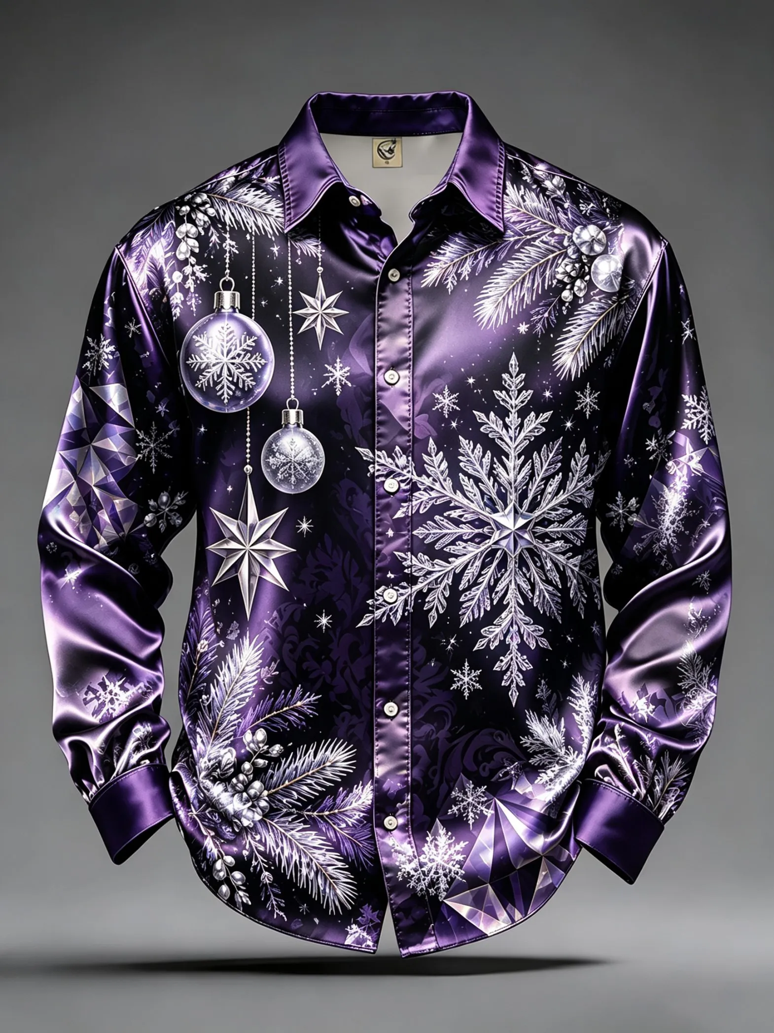 Men's Satin Long Sleeve Shirt Blue Snowflake Pine Print Christmas Party Button Down Shirt