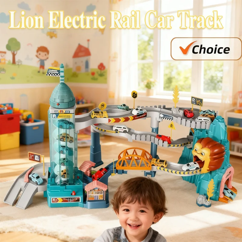 Elektryczny pociąg kolejowy z motywem lwa, plac parkingowy, wyścigi przygodowe, zabawki kolejowe, zabawki dla dzieci, mechaniczne, interaktywne pociągi kolejowe rozwijające mózg.