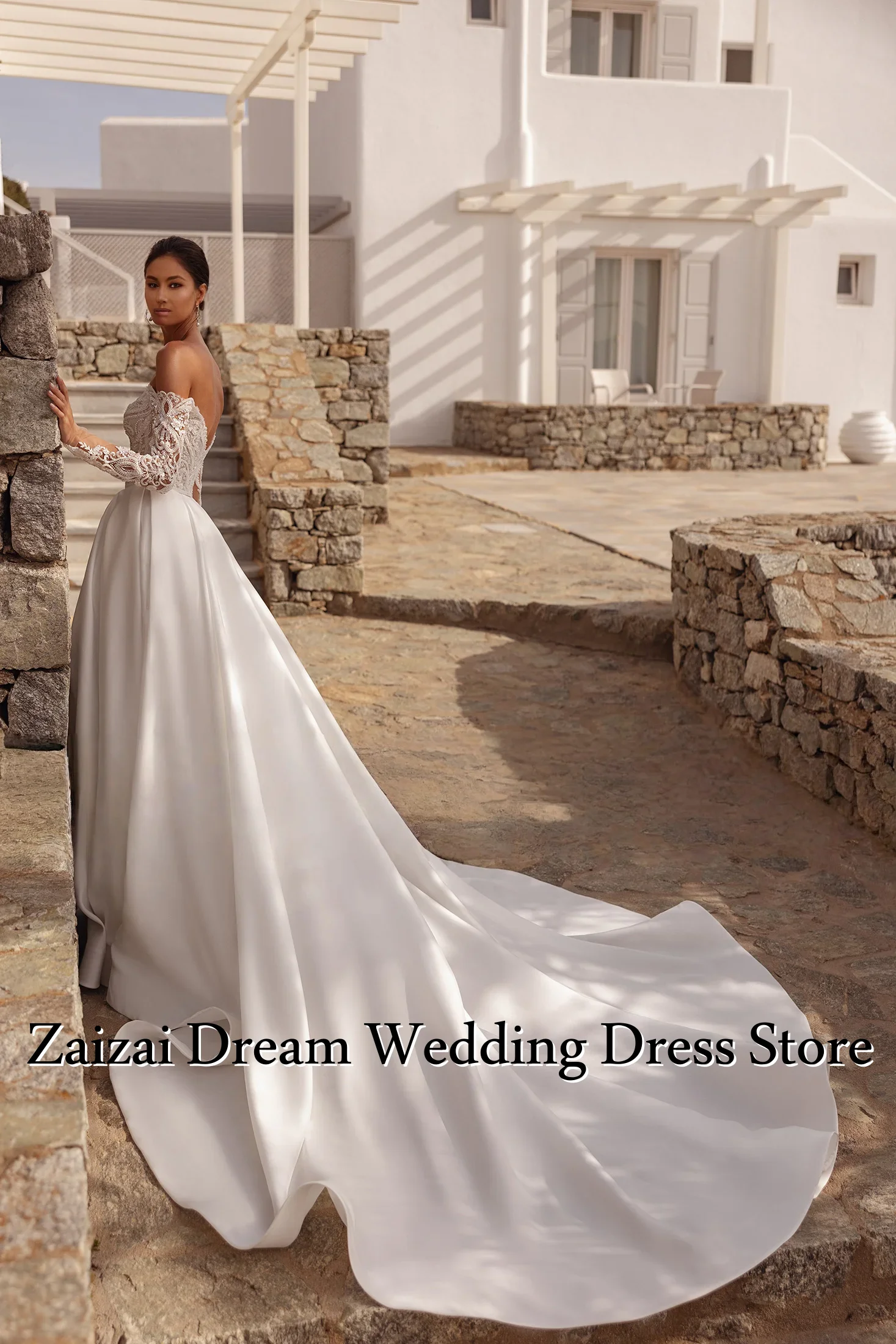 ชุดแต่งงานทรงเอไลน์ผ้าซาตินสุดหรูแบบสั่งตัดสำหรับผู้หญิง แขนยาวลูกไม้ ชุดราตรีงานพรอม ชุดเดรสลูกไม้ปักลาย Vestidos De Novias