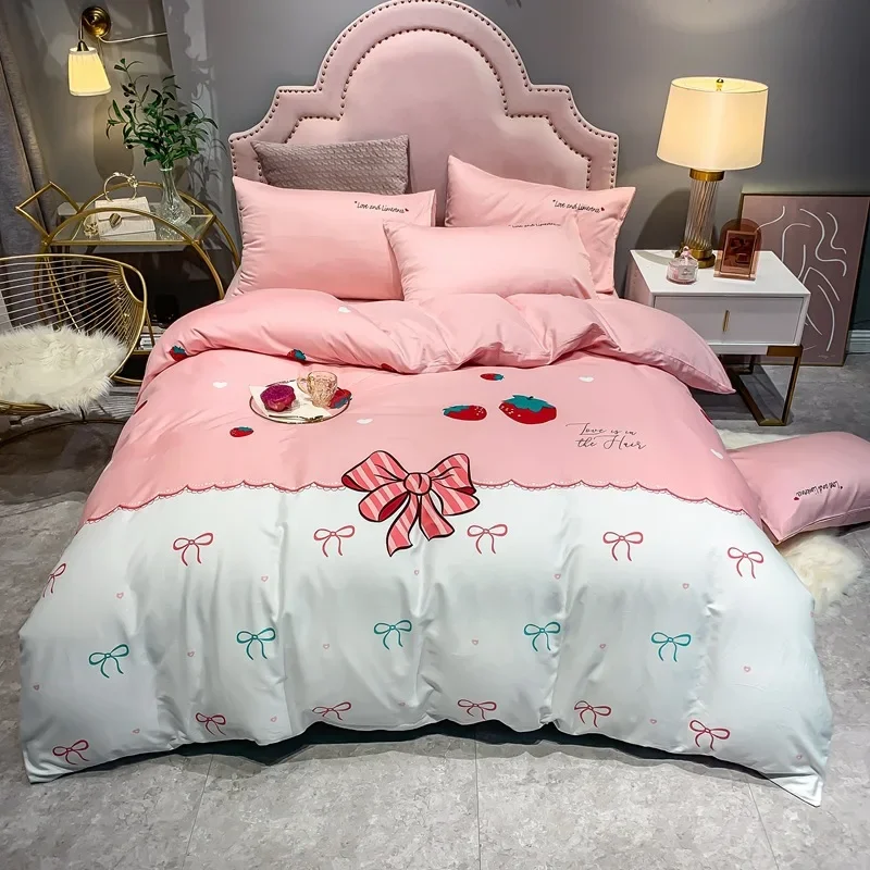 

Fresh ins wind four-piece set of pure cotton princess wind long-staple cotton satin cotton sheets three 4-piece set of pink