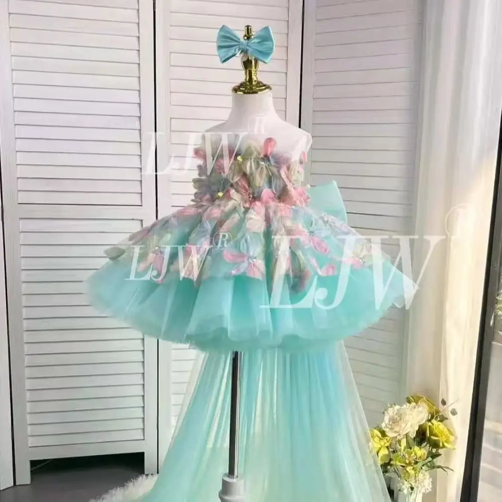 Elegant Mint Green 3D Floral  Long Tail Flower Girl Dress Baby 1st  Birthday Party Wedding Pageant Outfit Host's Piano Performan - view 5