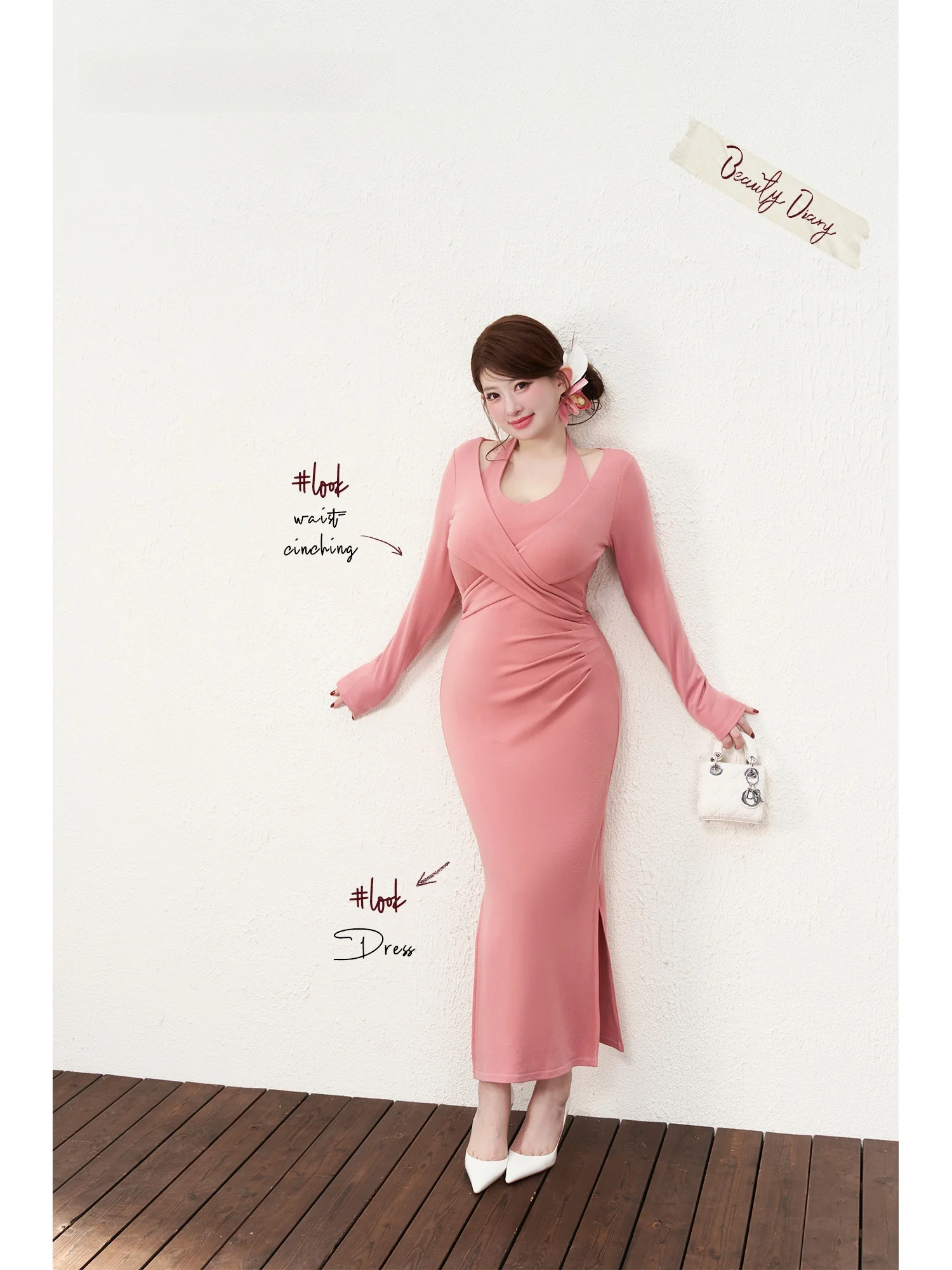 Saia Midi Ultra-Pink Ajustada para Uso Interno, Elegante e Justa, Manga Longa, Slim Fit, Outono Inverno, Feminina