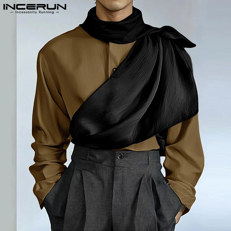 INCERUN Men Long Sleeved Shirts 2024 Casual Loose Deconstruction Colorblock Chemise Handsome Fashion Harajuku Simple Blouses