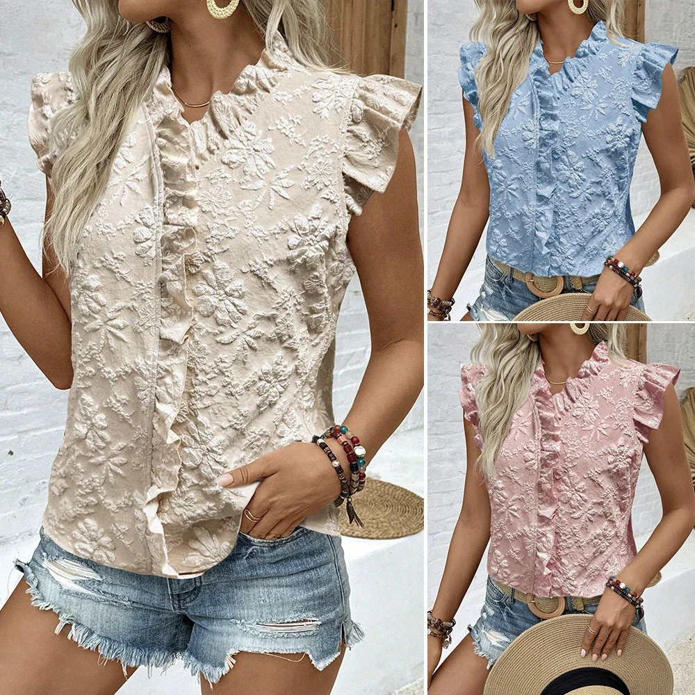 

2PCS Women's Blouses Jacquard Lace Splicing Jacquard Ruffle Sleeveless Shirts Solid Elegant Commute Polyester Woven Tops