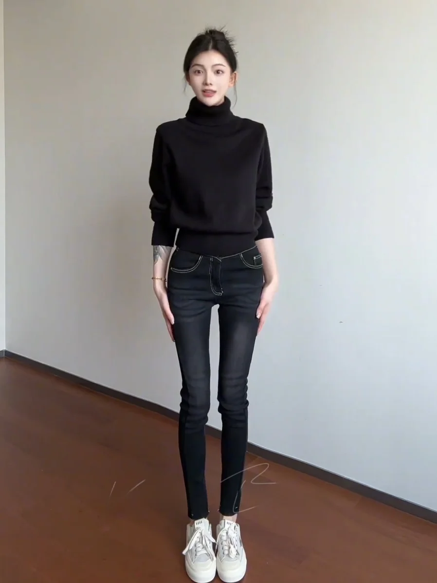 

Женские джинсы с высокой талией, облегающие, осенние, модные, с идеальным дизайном, двойной застежкой, простые, сексуальные, подчеркивающие фигуру