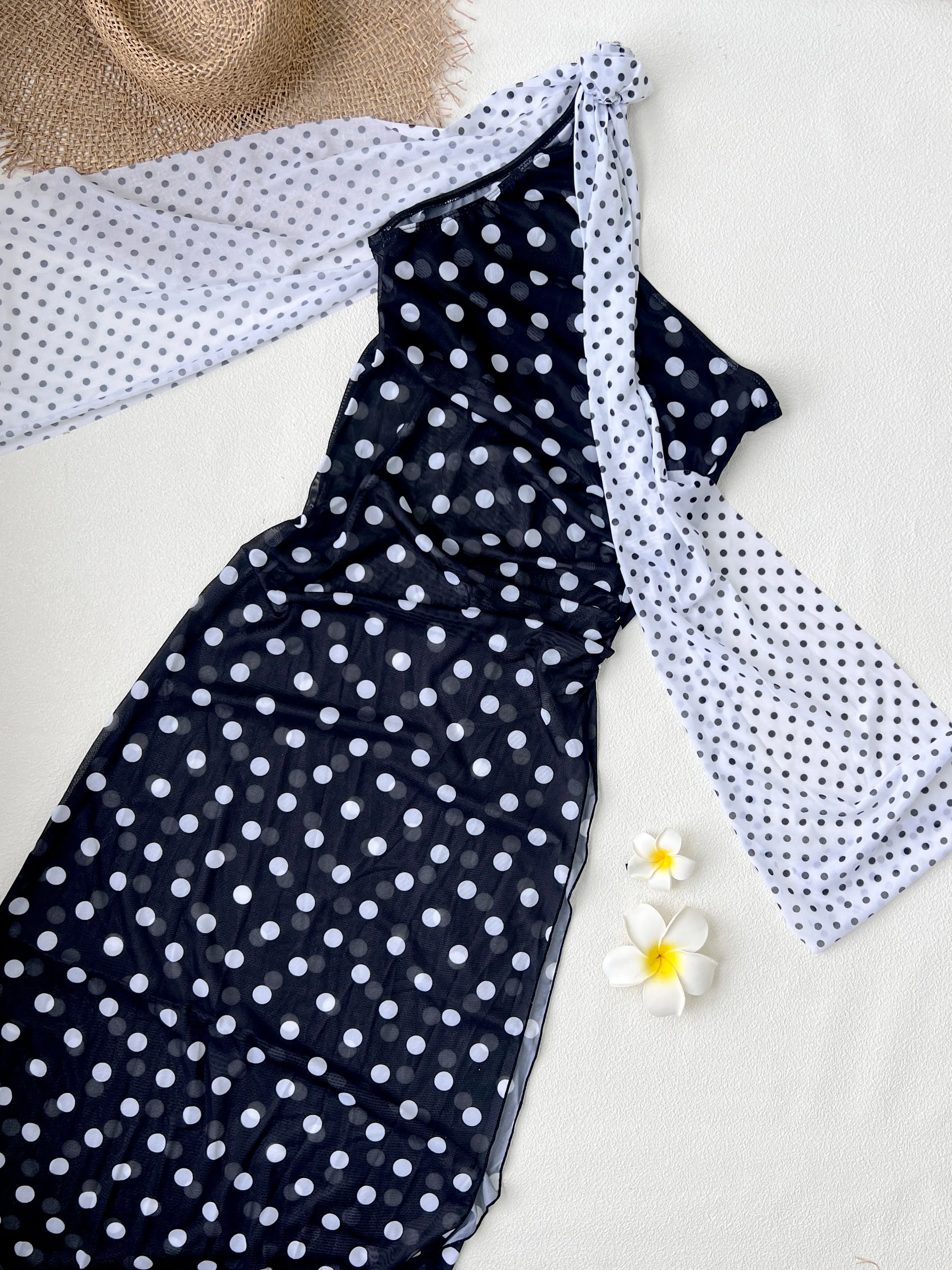 

Elegant Polka Dot One-Shoulder Maxi Dress Stylish Sheer Overlay Dress with Unique Bow Detail for Vacation Glamour Beach and Even