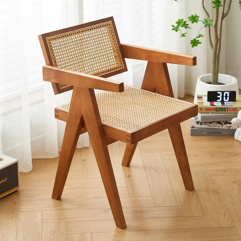 Nordic rattan chair, home balcony rattan chair, natural rattan, designer casual solid wood dining chair