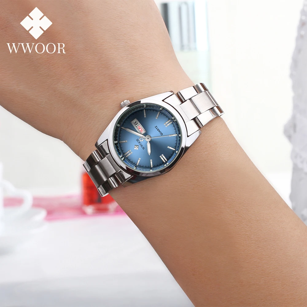 

WWOOR 2024 New Top Luxury Brand Women Silver Blue Watch Fashion Stainless Steel Quartz Elegant Waterproof Wristwatch Reloj Mujer