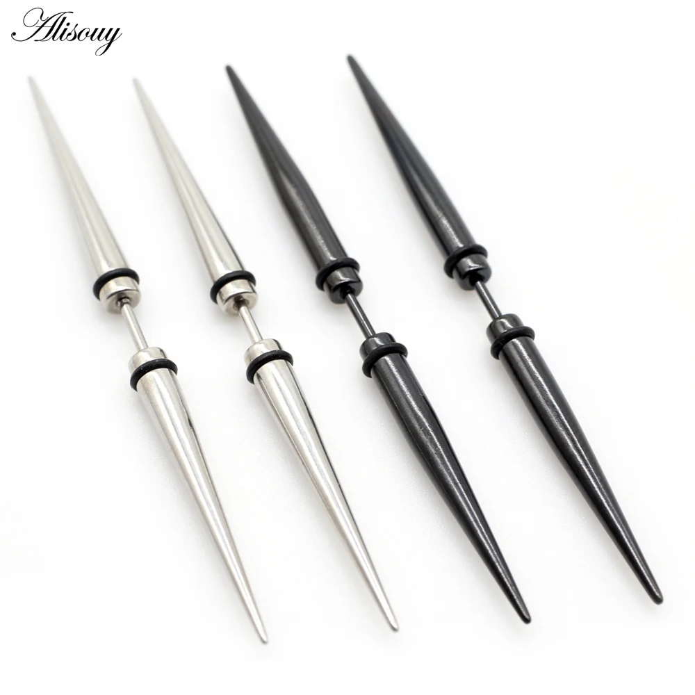 Alisouy 2Pieces Unisex Stud Earrings Hiphop Punk Spike Cone Stainless Steel Dumbbell Barbell Ear For Men Women Piercing Jewelry