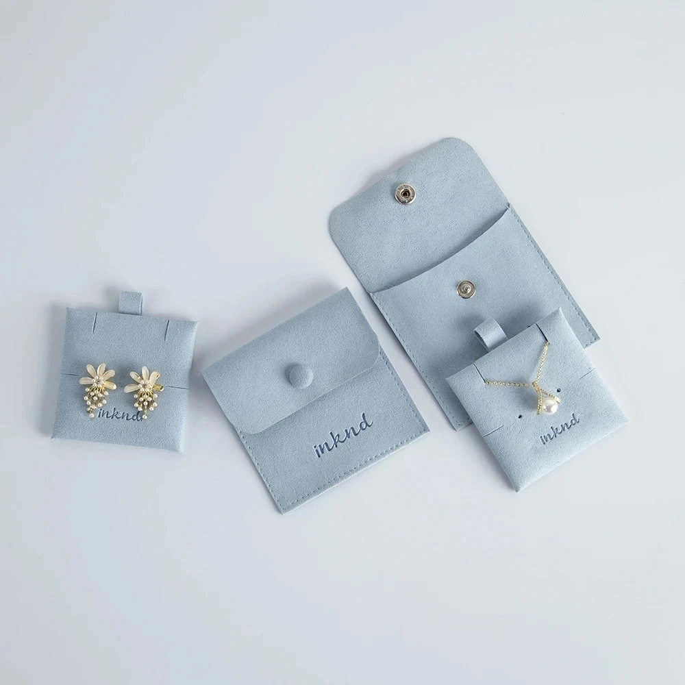 

Custom Logo Printed Gift Necklace Jewellery Packaging Bag Envelope Snap Button Microfiber Jewelry Pouch with Pads Card Insert