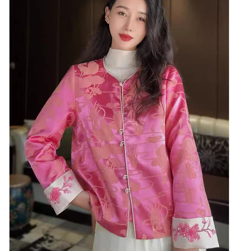 High-End Spring New O-Neck Pink Silk Jacquard+Bead Embroidery Contrast Color Cuffs Single Breasted Young Women's Jacket S-XL