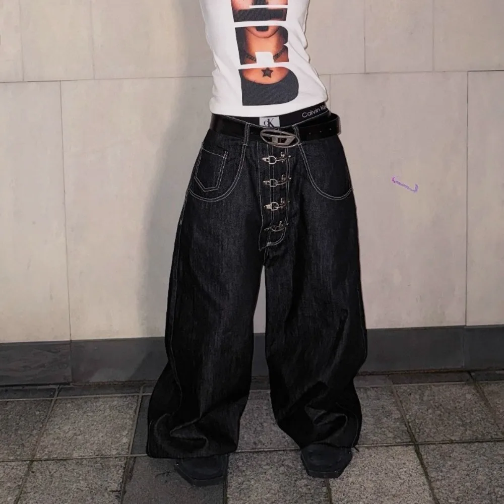American Street Y2K Breasted Design Wash Wide-leg Jeans Women Retro Hip Hop Loose Trousers Harajuku Street Casual Jeans