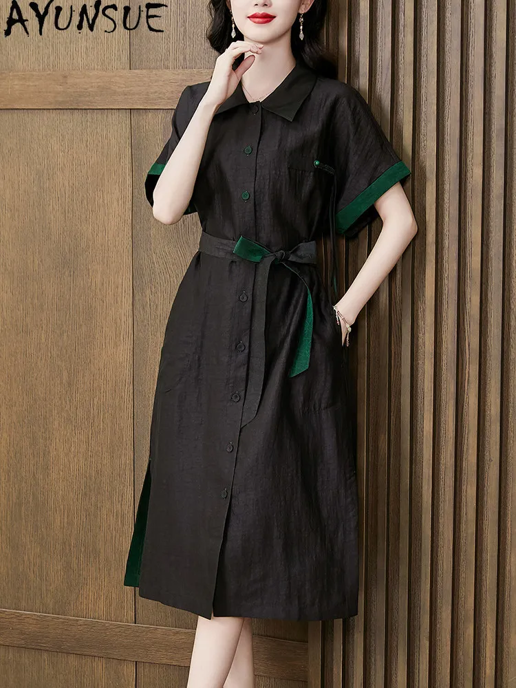 AYUNSUE 100% Real Mulberry Silk Vintage Dress Women Elegant Womens Dresses Summer Clothes Reversible Gambiered Guangdong Gauze