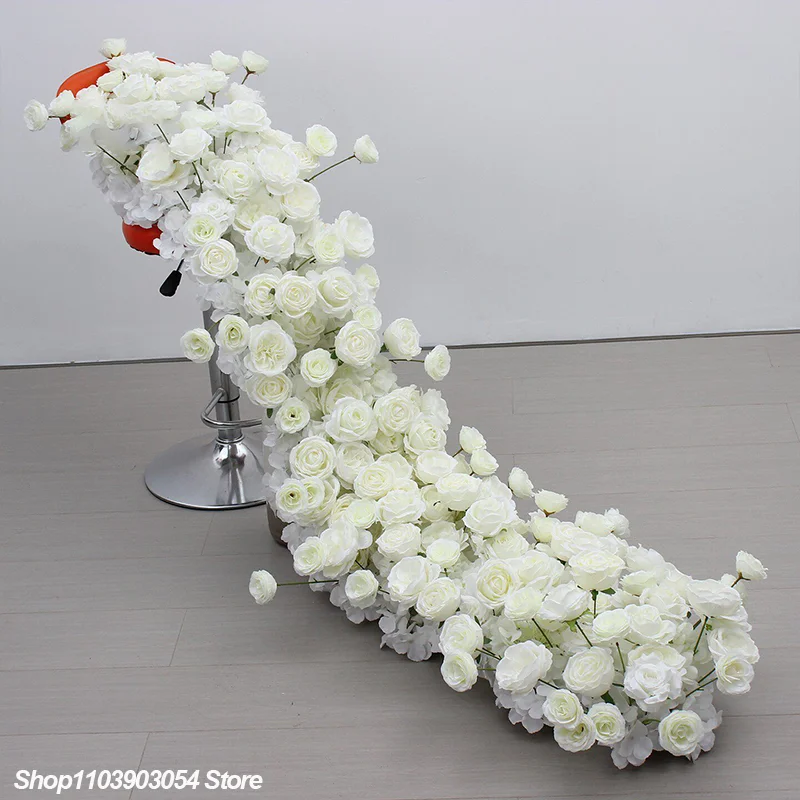 Künstliche weiße Rosen-Hortensien-Blumenreihe, langer Tischläufer, Hochzeits-Hintergrunddekoration, Blumenarrangement, Party-Requisiten, Tischdekoration – Detail 2