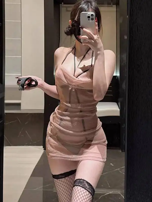 Sexy SM Enges Nachthemd Hot Mesh Transparent Bodycon Nachtclub Tragen Kleid Frauen Einfarbig Backless Ärmelloses Minikleid 8C0S