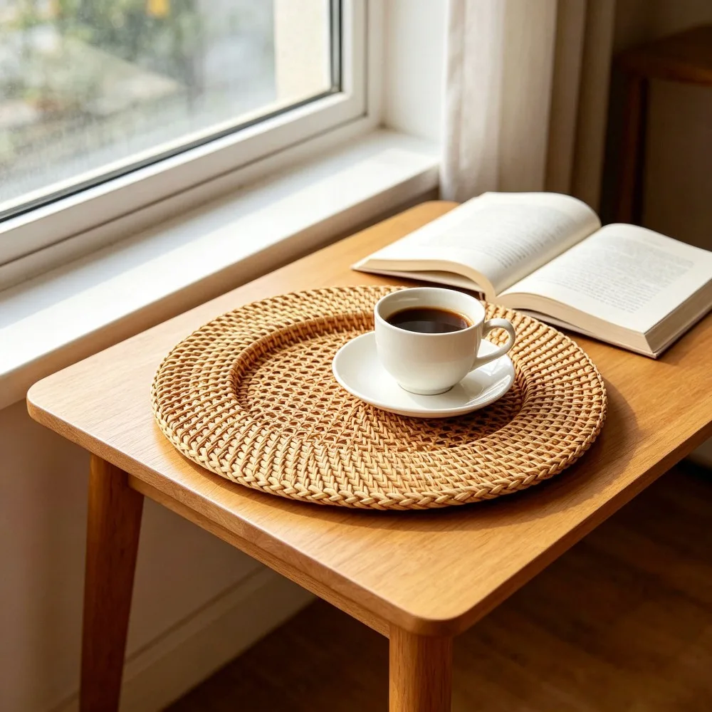 Household Round Nordic Handwoven Rattan Tray Vintage Hollow Design Snack Serving Tray Decorative Tableware Mat Photo Prop
