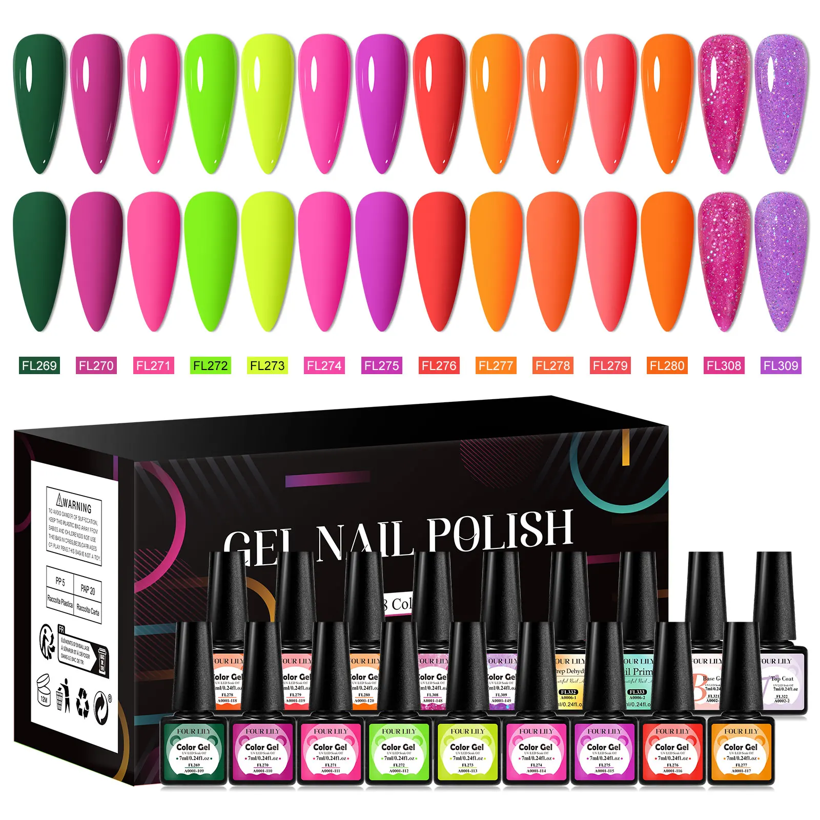 FOUR LILY Set di smalti per unghie gel da 18 pezzi con scatola Nude Rosa Verde Blu Colori Primavera Estate UV LED Kit per manicure scintillante per nail art