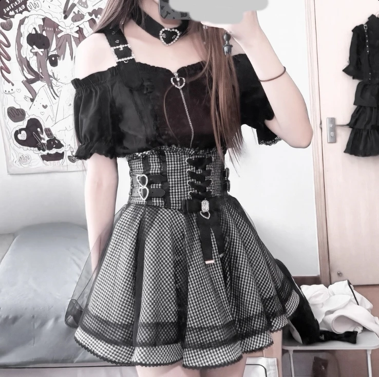 

Original Japanese Mine Women's Sweet Skirt Suits New Summer Subculture Off Shoulder Short Sleeve Shirt Zipper Top Short Skirts