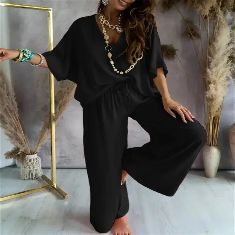 2024 summer popular V-neck bat sleeve rayon top lace up casual pants suit