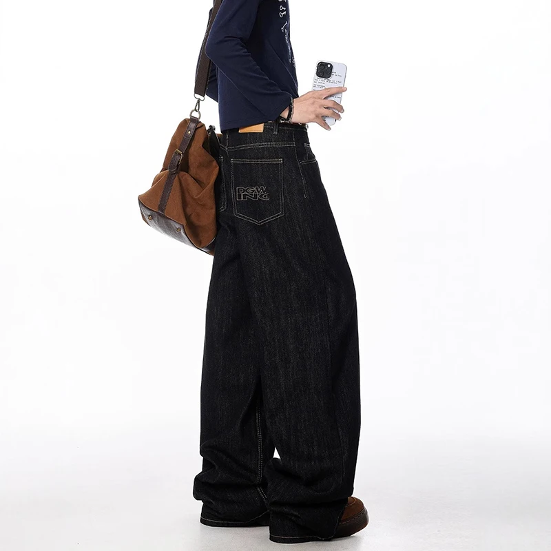 Korean Casual Wide Leg Jeans For Men And Women Loose Straight Leg Pants Curved Knife Pants Black Jeans