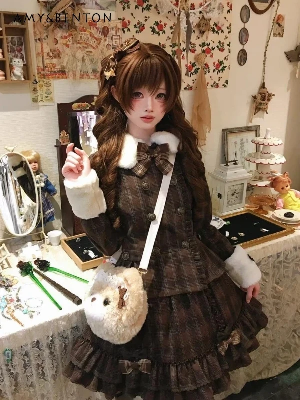 

Spring and Autumn Women's Vintage Brown Plaid Double-Breasted Patchwork Fur Collar Coat Bowknot Puff Skirt Two-Piece Set