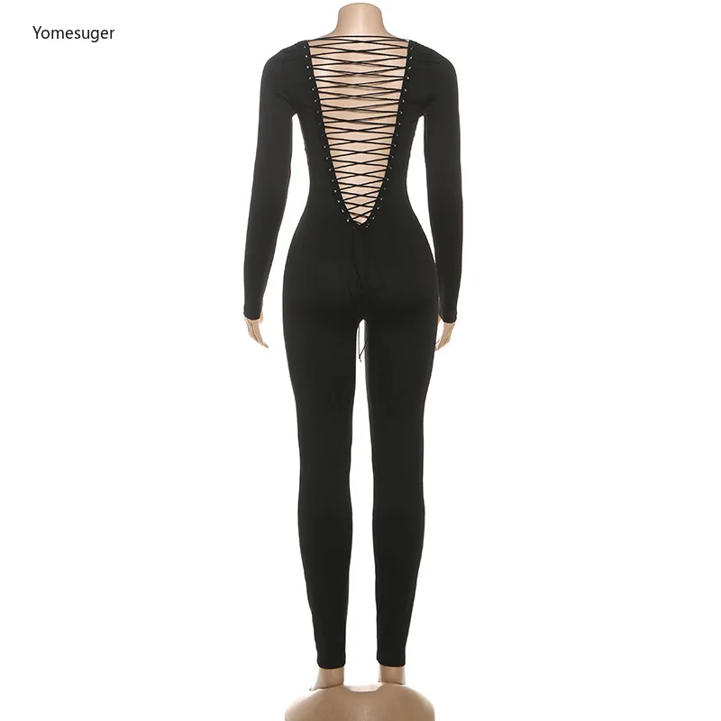 Yomesugar 2025 خريف المرأة عارية الذراعين ضمادة بذلة مثير U الرقبة كم كامل تمتد نحيل رومبير اللياقة البدنية النشاط الشارع الشهير